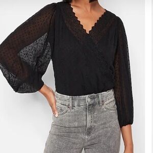 Express Black Eyelet Cross Front V-neck Bodysuit- NWT